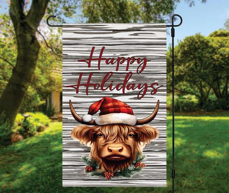 Happy Holidays Highland Cow Garden Flag