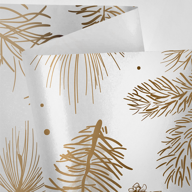 White and Gold Christmas Leaves Wrapping Paper