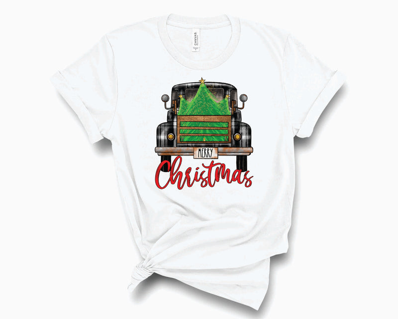 Merry Christmas Tree Truck BW Plaid- Transfer