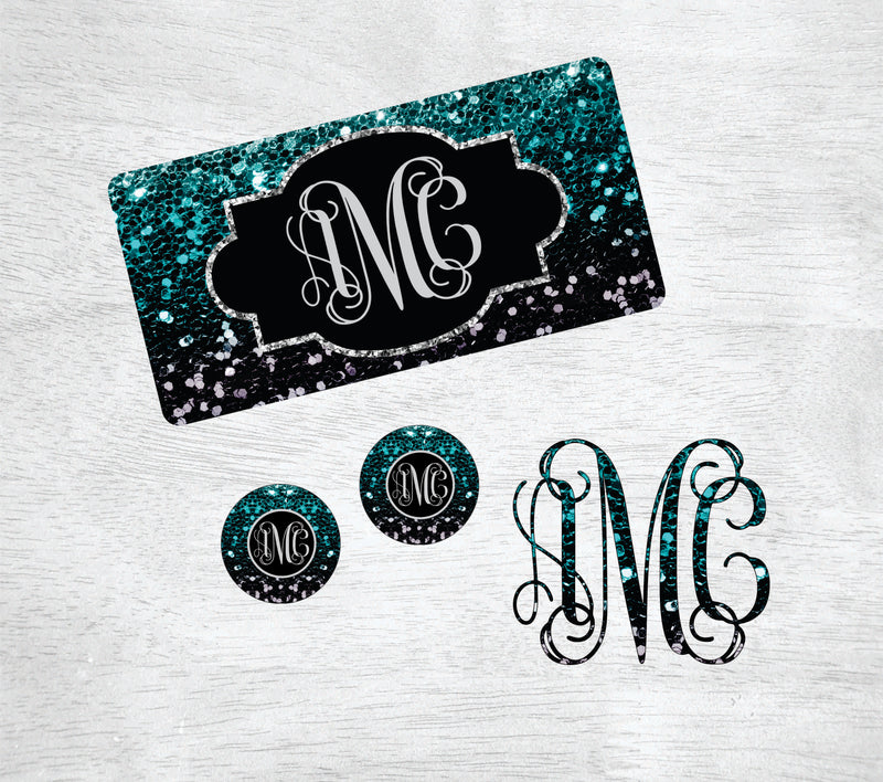 Teal & Black Ombre Glam Glitter Car Kit